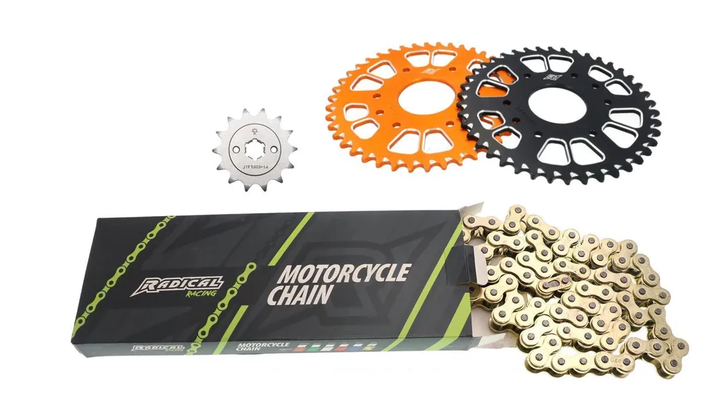 Sonderaktion Kettenkit Radical KTM Duke/RC ab Bj. 11-, Husquarna Svartpilen/Vitpilen ab Bj. 21, 42x14 Zähne, versch. Farben, Universal Kettenlänge